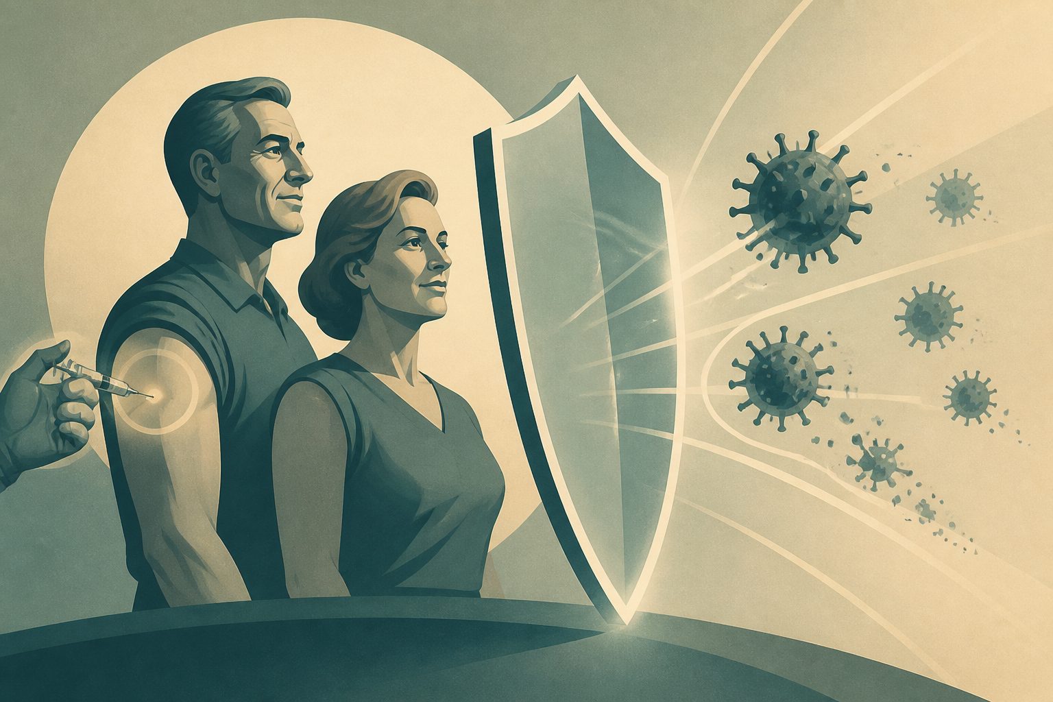 Abstract editorial illustration accompanying the article: Researchers report fewer shingles cases after LZ901 vaccination in adults 40 and older