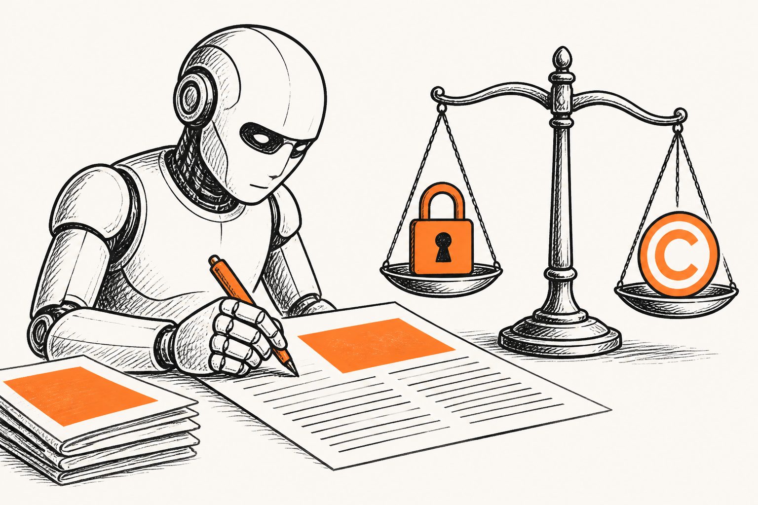 Abstract editorial illustration accompanying the article: AI is changing journalism, while disclosure and copyright rules remain unsettled