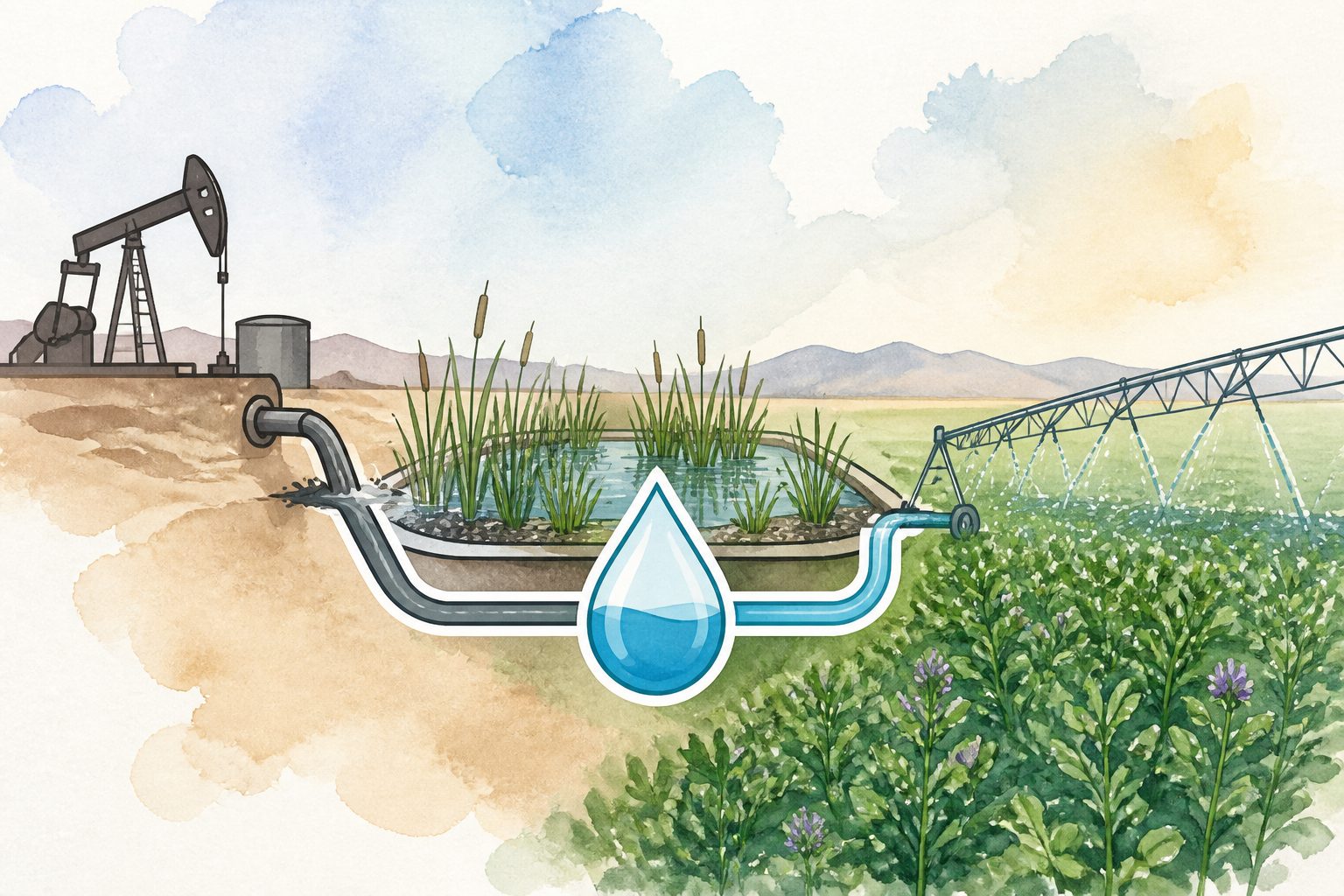 Abstract editorial illustration accompanying the article: Treated oil-field water supported alfalfa irrigation in a West Texas field study