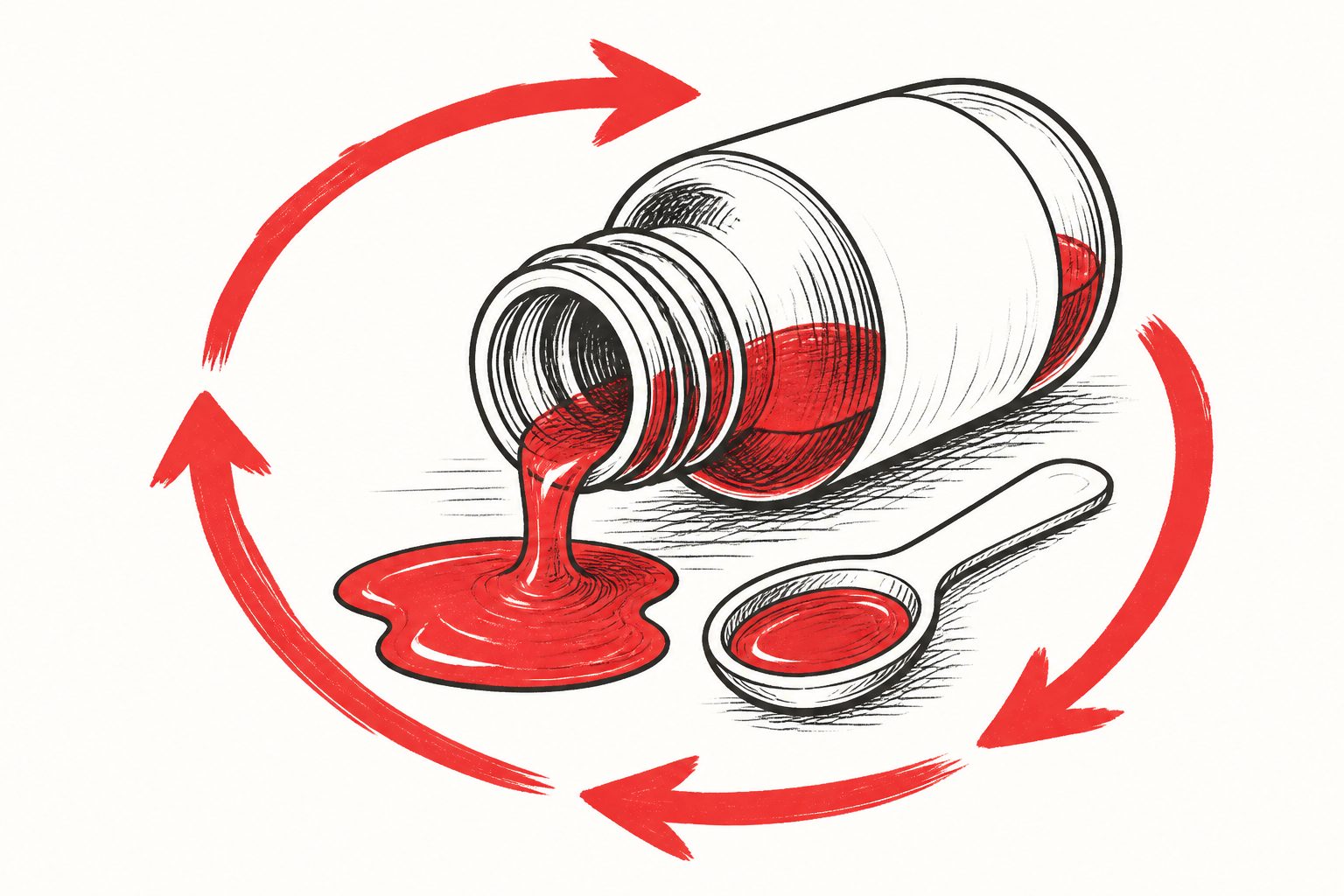 Abstract editorial illustration accompanying the article: Review examines recurring poisonings linked to contaminated medicine syrups