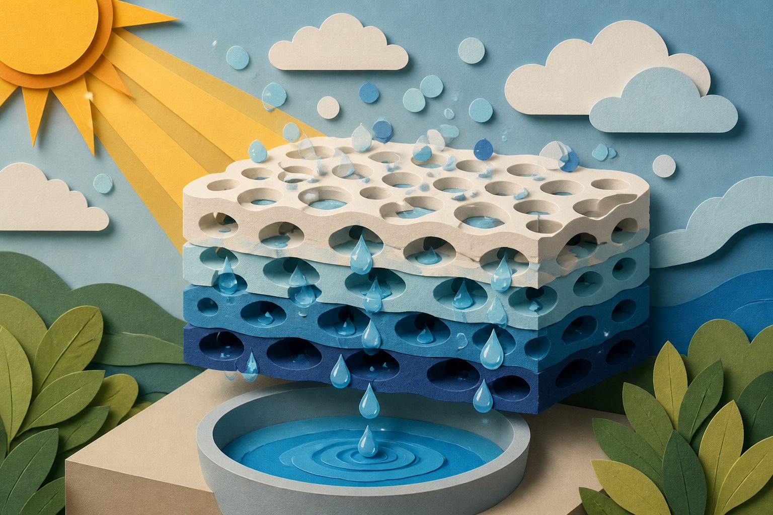 Abstract editorial illustration accompanying the article: A porous material shows how it gathers water from air in step-by-step layers