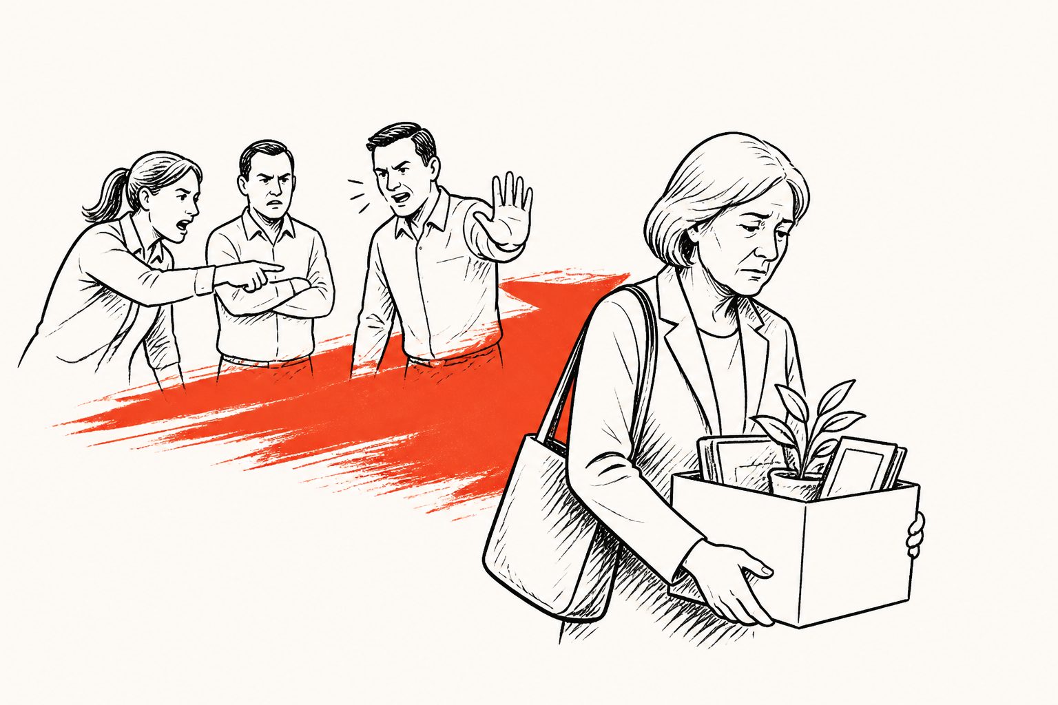 Abstract editorial illustration accompanying the article: Workplace violence linked to about half a year less work after age 50