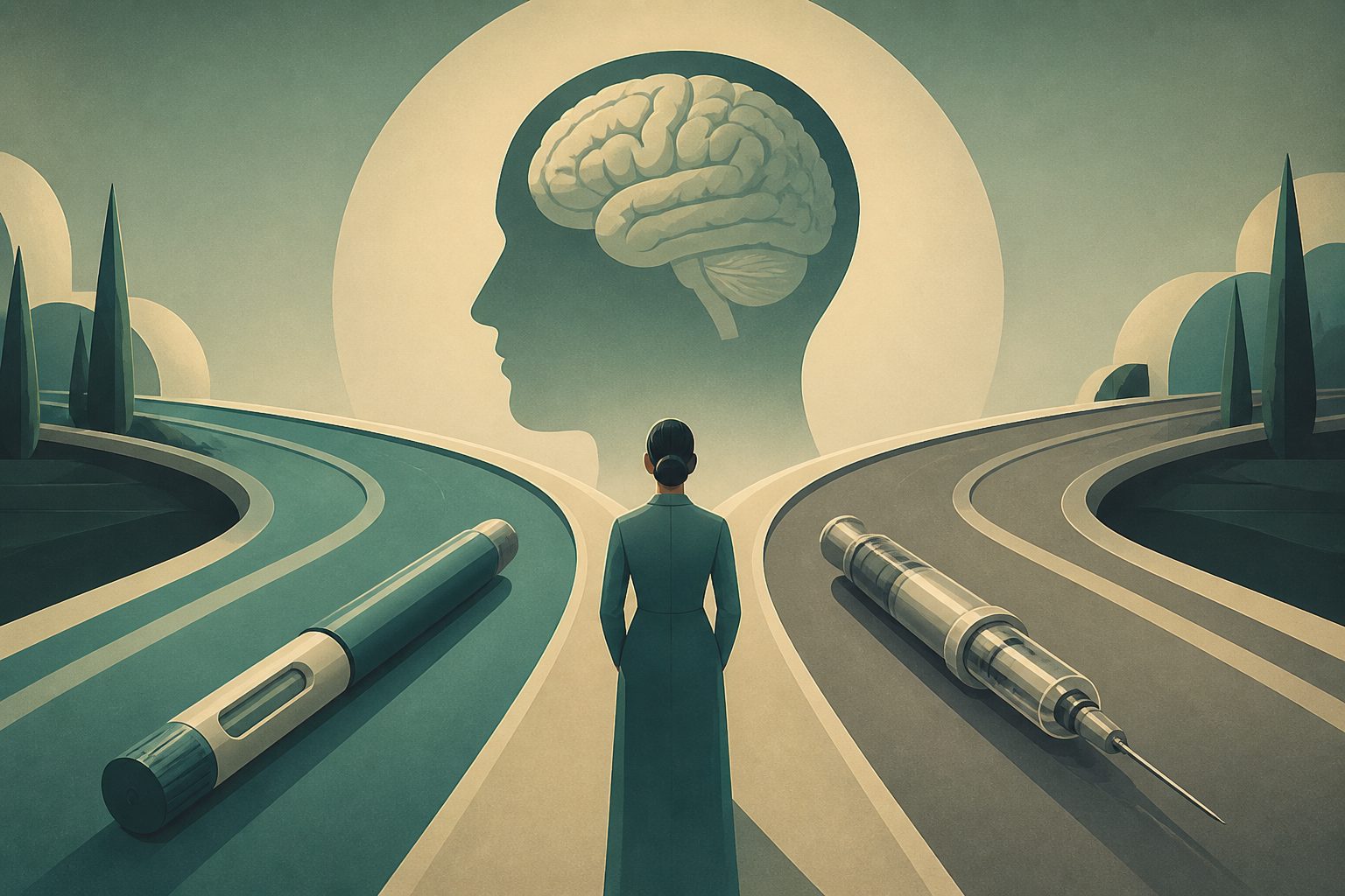 Abstract editorial illustration accompanying the article: Study links GLP-1 drugs with lower dementia risk than long-acting insulin