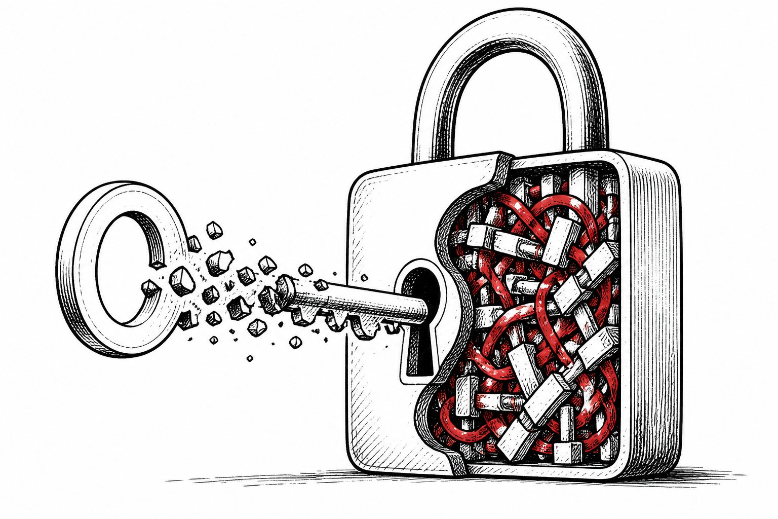 Abstract editorial illustration accompanying the article: The SCAN-C cipher gains no security from unusual key mixing