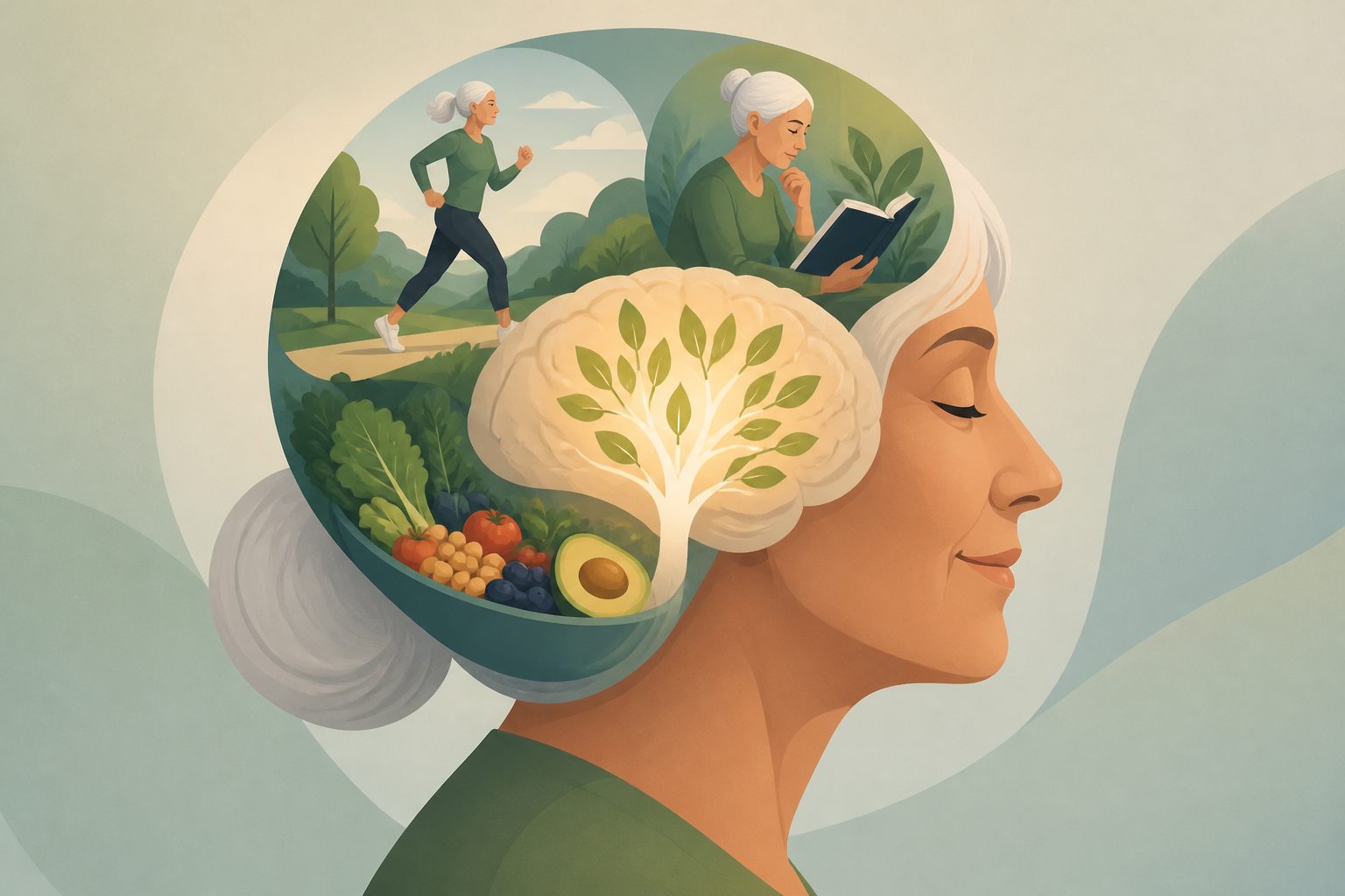Abstract editorial illustration accompanying the article: Sports, mental activity and plant foods linked to better cognitive aging