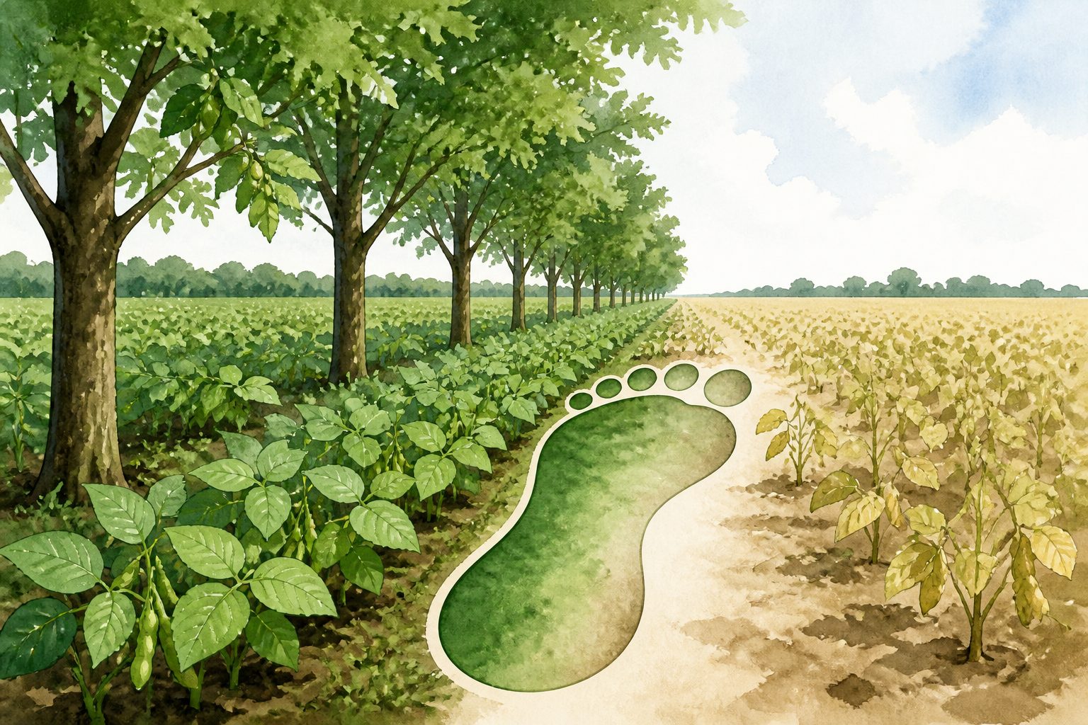Abstract editorial illustration accompanying the article: Nut trees cut soybean farms’ modeled footprint, but yields fell