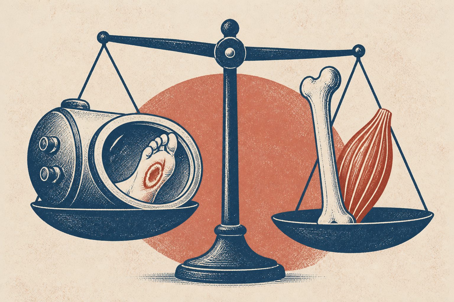 Abstract editorial illustration accompanying the article: Review finds mixed evidence for hyperbaric oxygen in muscle and bone problems