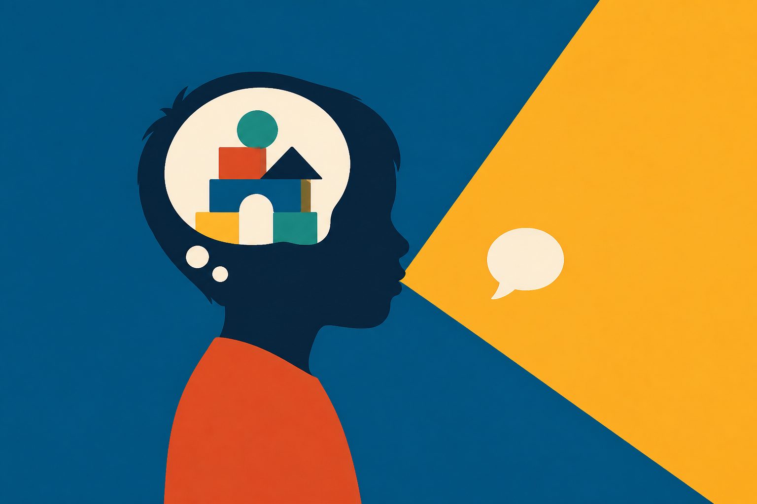 Abstract editorial illustration accompanying the article: Autistic children’s language skills do not always match how much they speak
