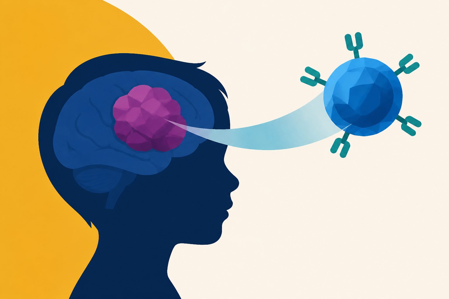 Abstract editorial illustration accompanying the article: Review examines cell therapies for children’s brain tumors