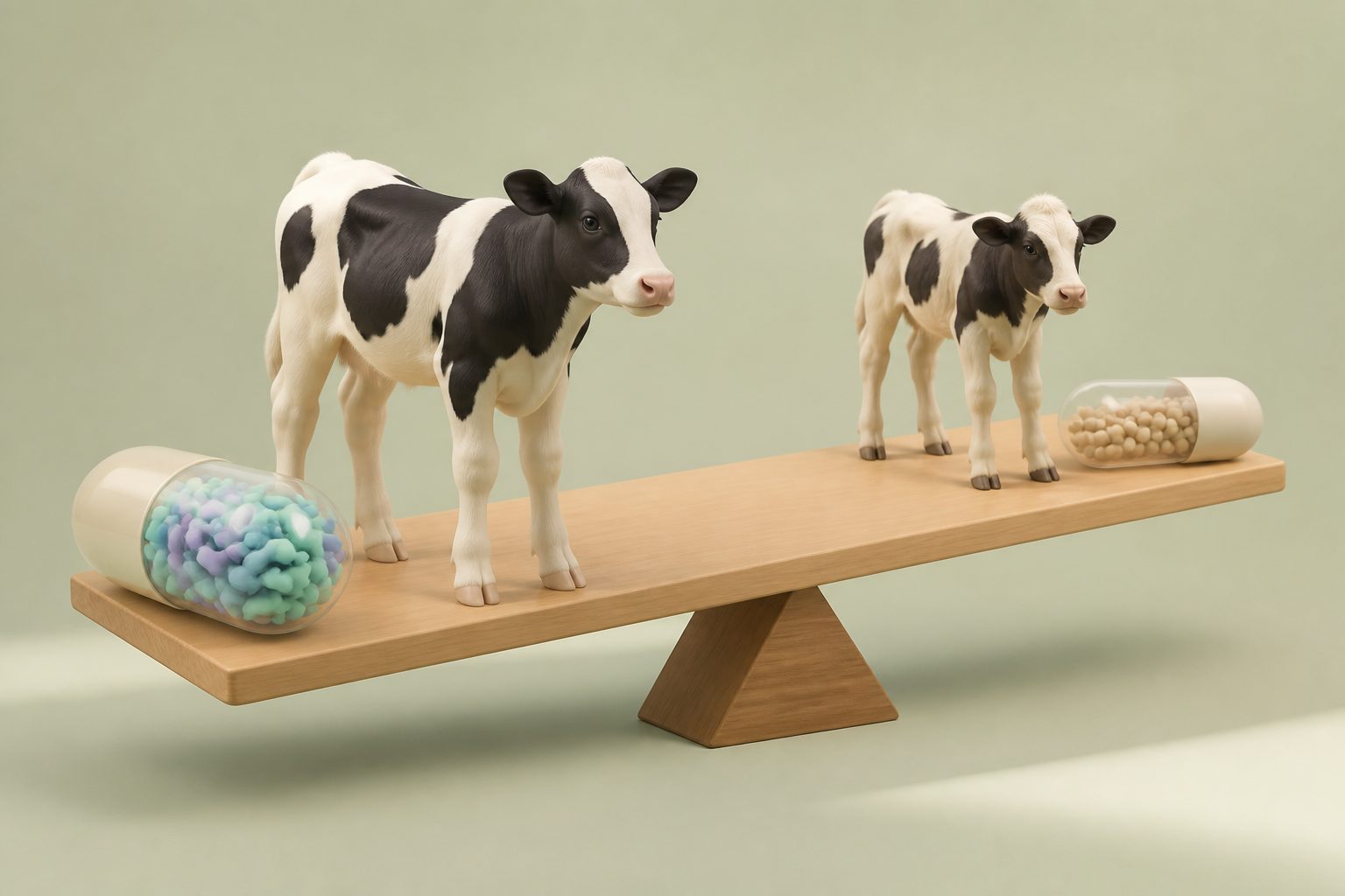 Abstract editorial illustration accompanying the article: Processed probiotics helped calves grow better than feed antibiotics