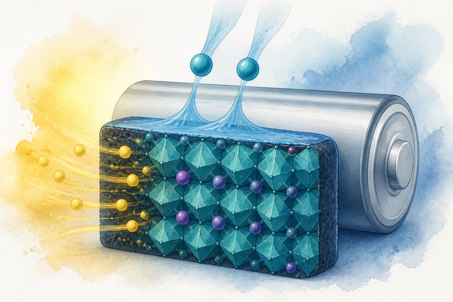 Abstract editorial illustration accompanying the article: Two scandium treatments helped a sodium battery cathode last longer
