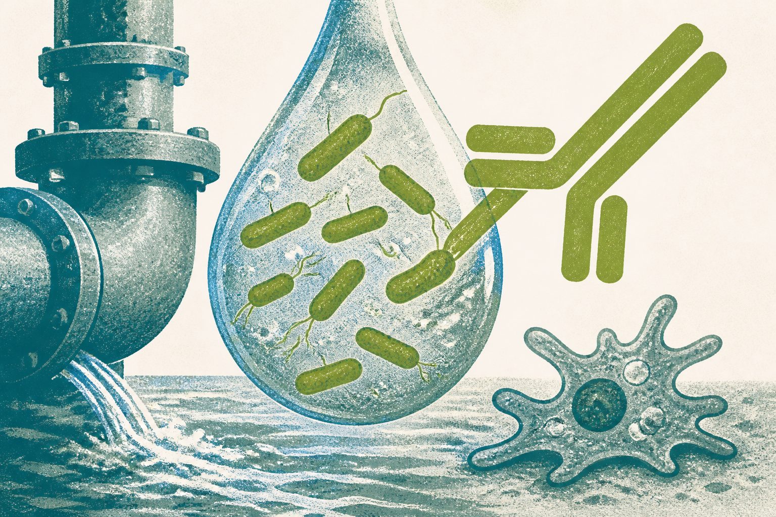 Abstract editorial illustration accompanying the article: Antibody test speeds detection and subtyping of Legionella in process water