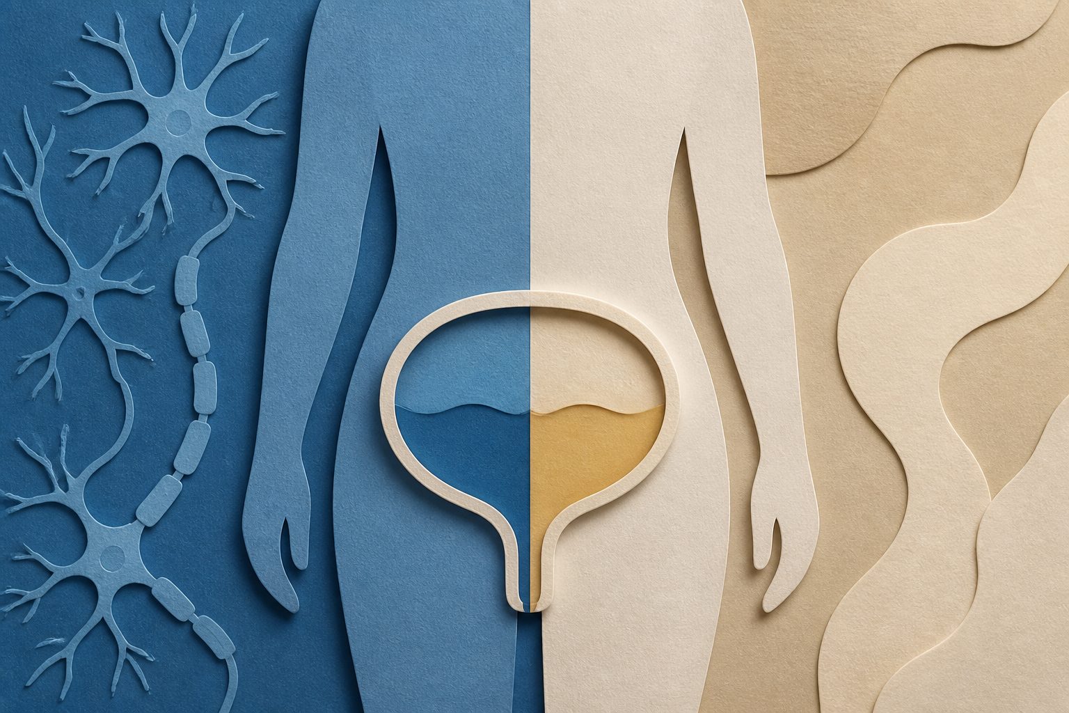 Abstract editorial illustration accompanying the article: Review finds bladder problems in about half of people with multiple sclerosis
