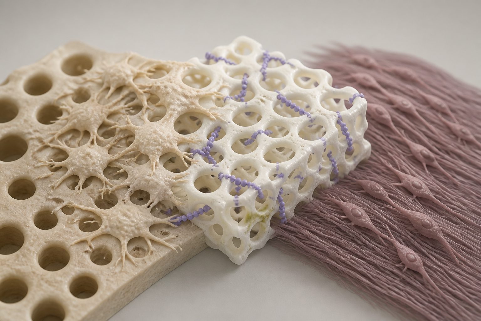 Abstract editorial illustration accompanying the article: Peptide-linked chitosan scaffolds drew bone cells and reduced fibrous tissue