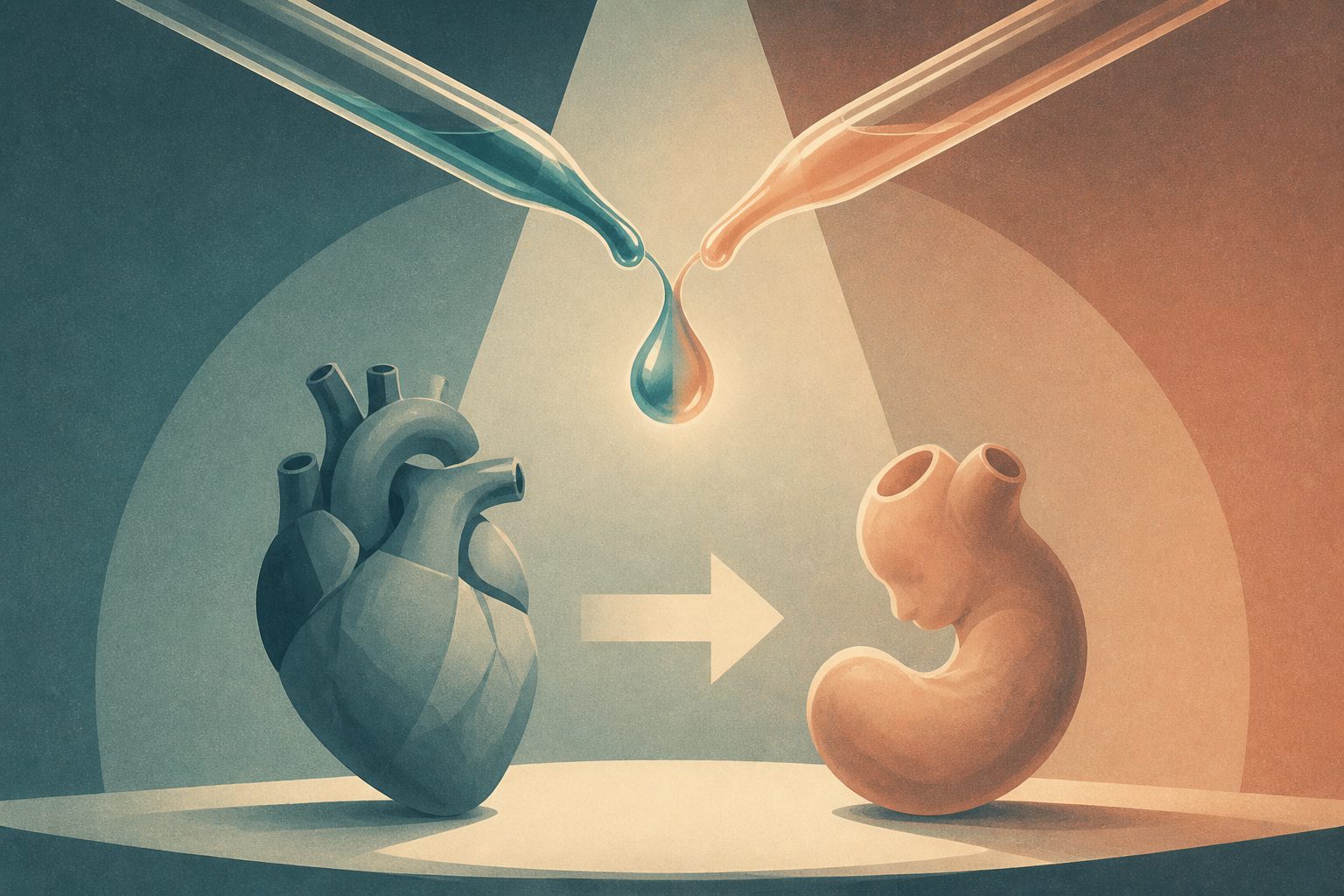 Abstract editorial illustration accompanying the article: Two-compound mix pushed adult heart cells toward an embryonic-like state
