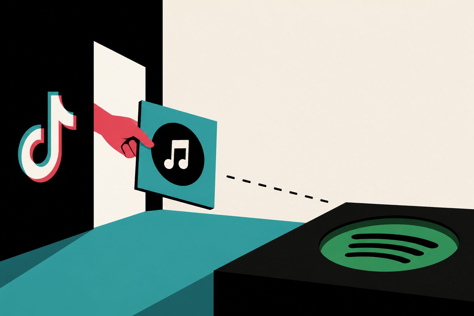 Abstract editorial illustration accompanying the article: Removing Universal Music Group songs from TikTok cut Spotify demand