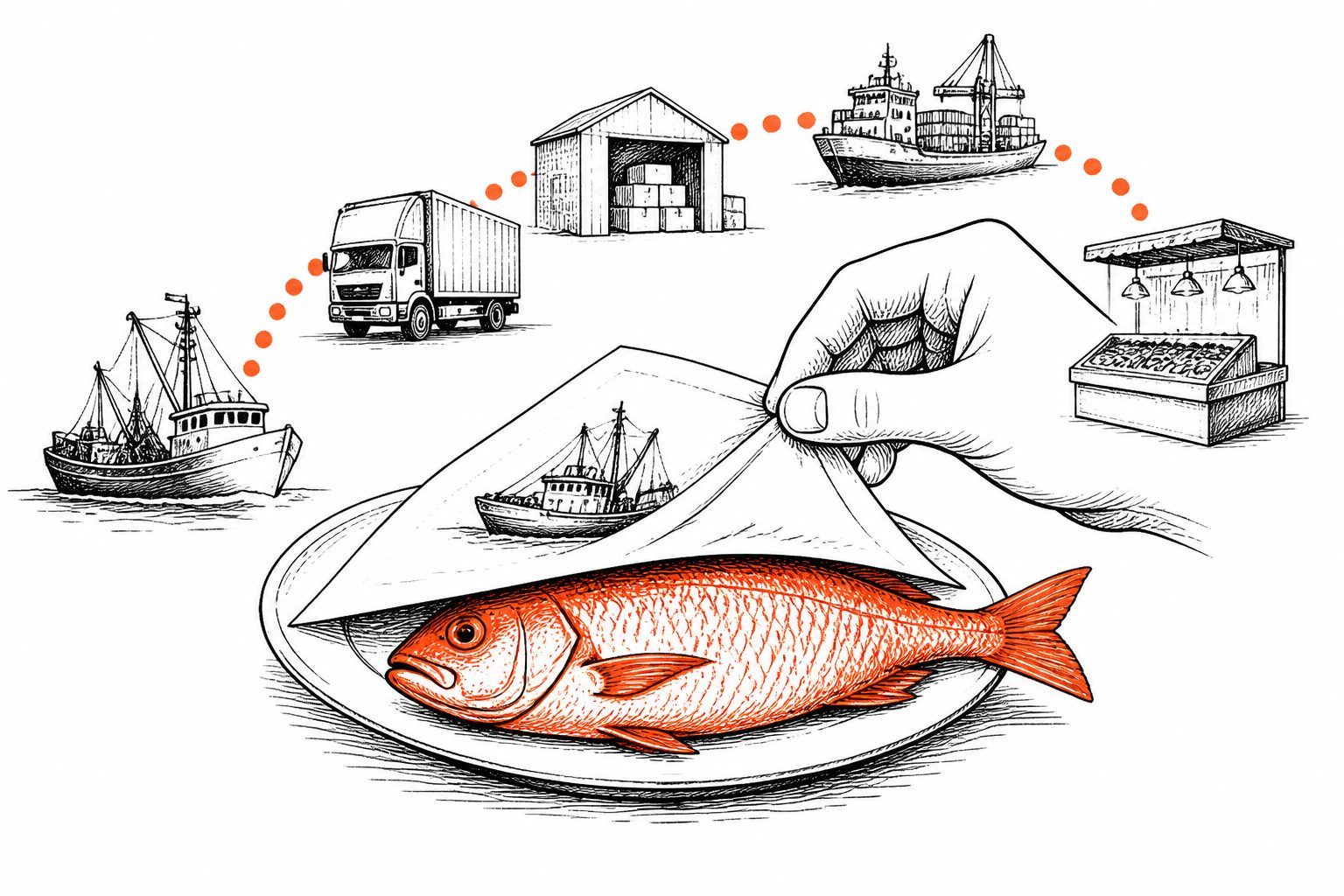 Abstract editorial illustration accompanying the article: How illegal seafood reaches markets through transfers, ports and false papers