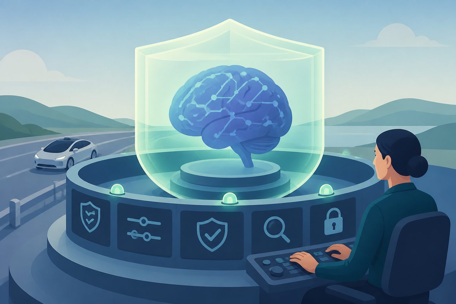Abstract editorial illustration accompanying the article: For safety-critical systems, certify the controls around AI—not the AI itself