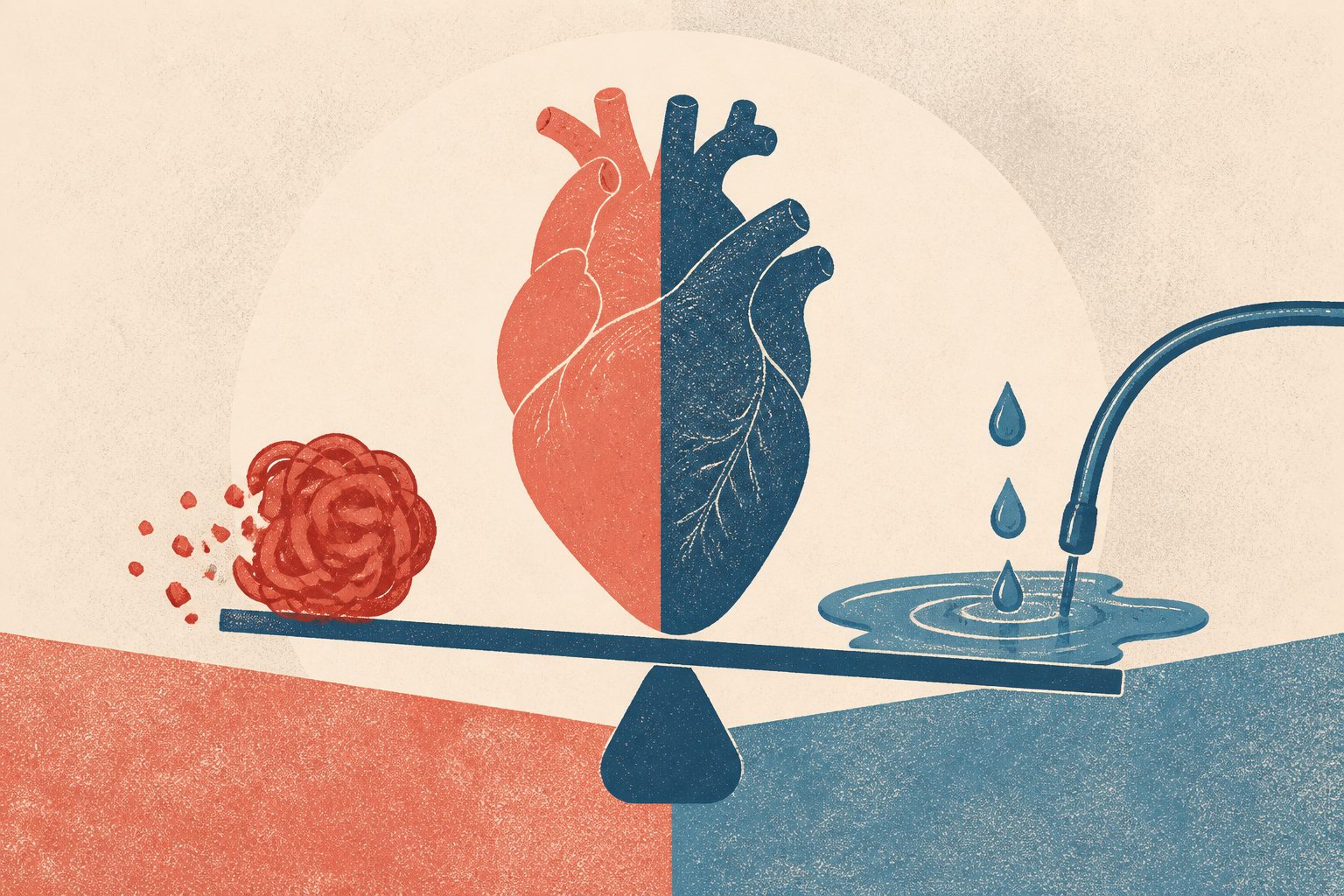 Abstract editorial illustration accompanying the article: Review links combined heart procedures to fewer clots but more drainage-requiring fluid