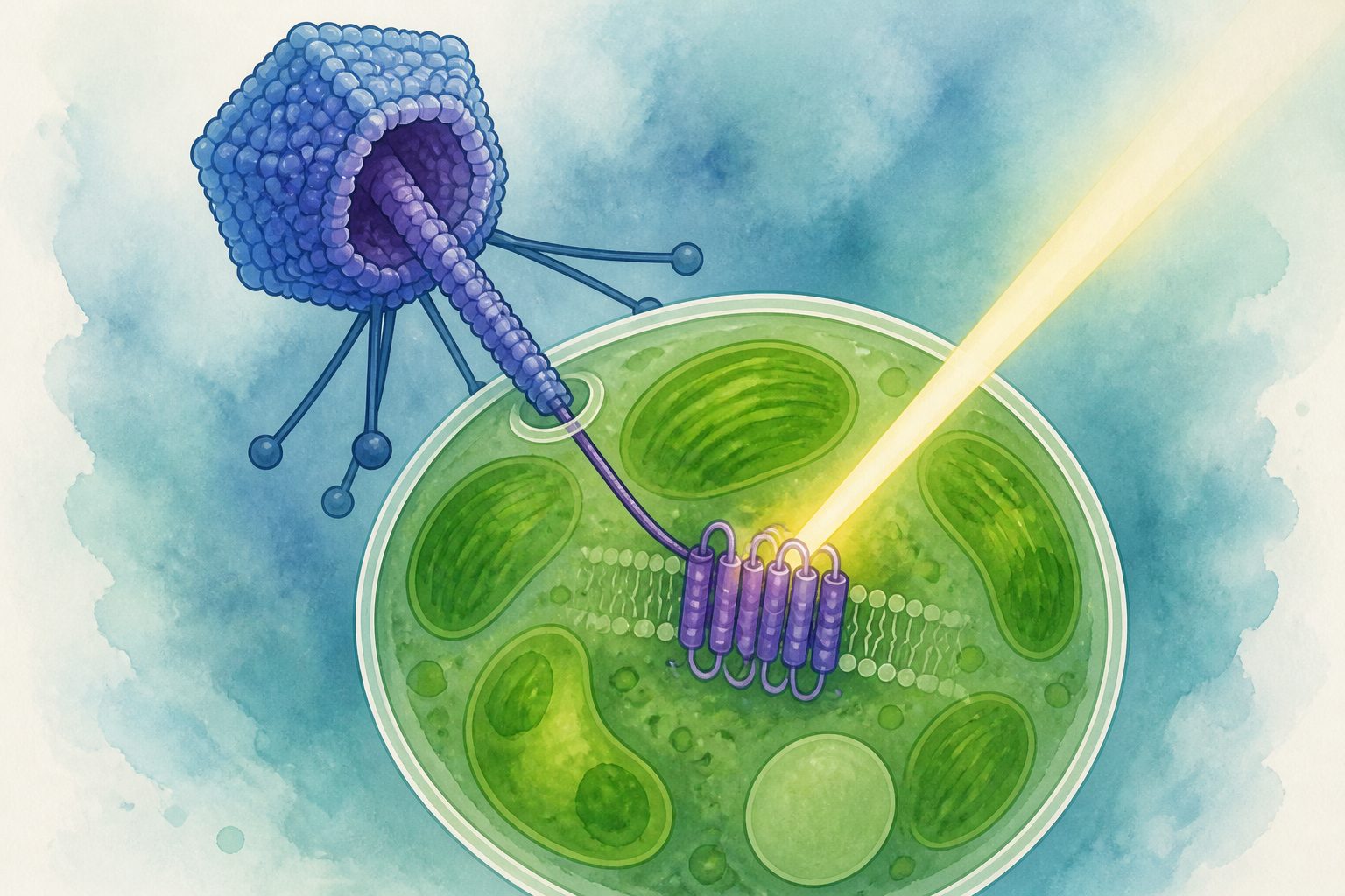Abstract editorial illustration accompanying the article: A giant virus infecting an ocean alga carries a rhodopsin-like gene