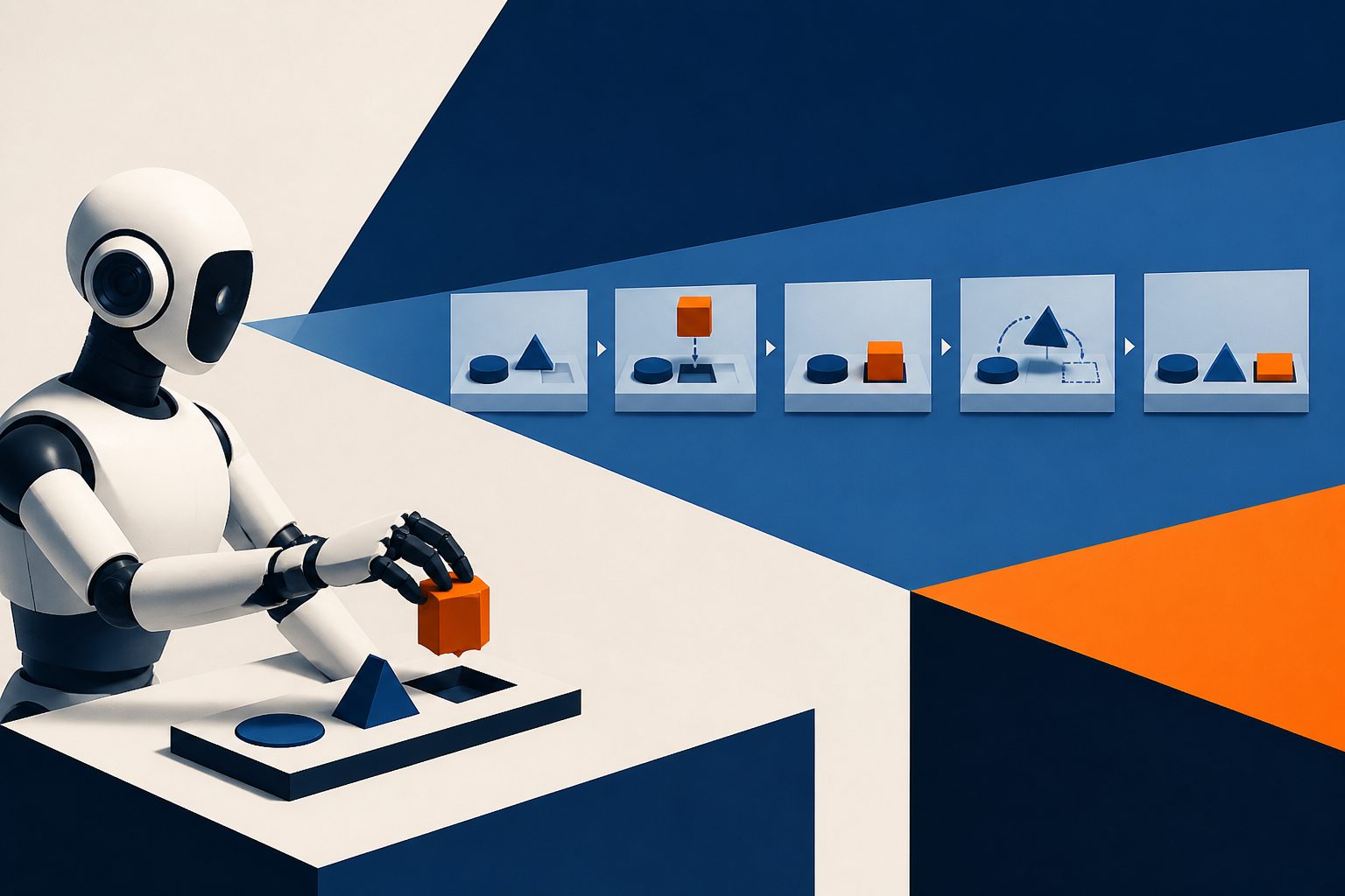 Abstract editorial illustration accompanying the article: A robot used step-by-step reasoning to complete 91.67% of 240 trials