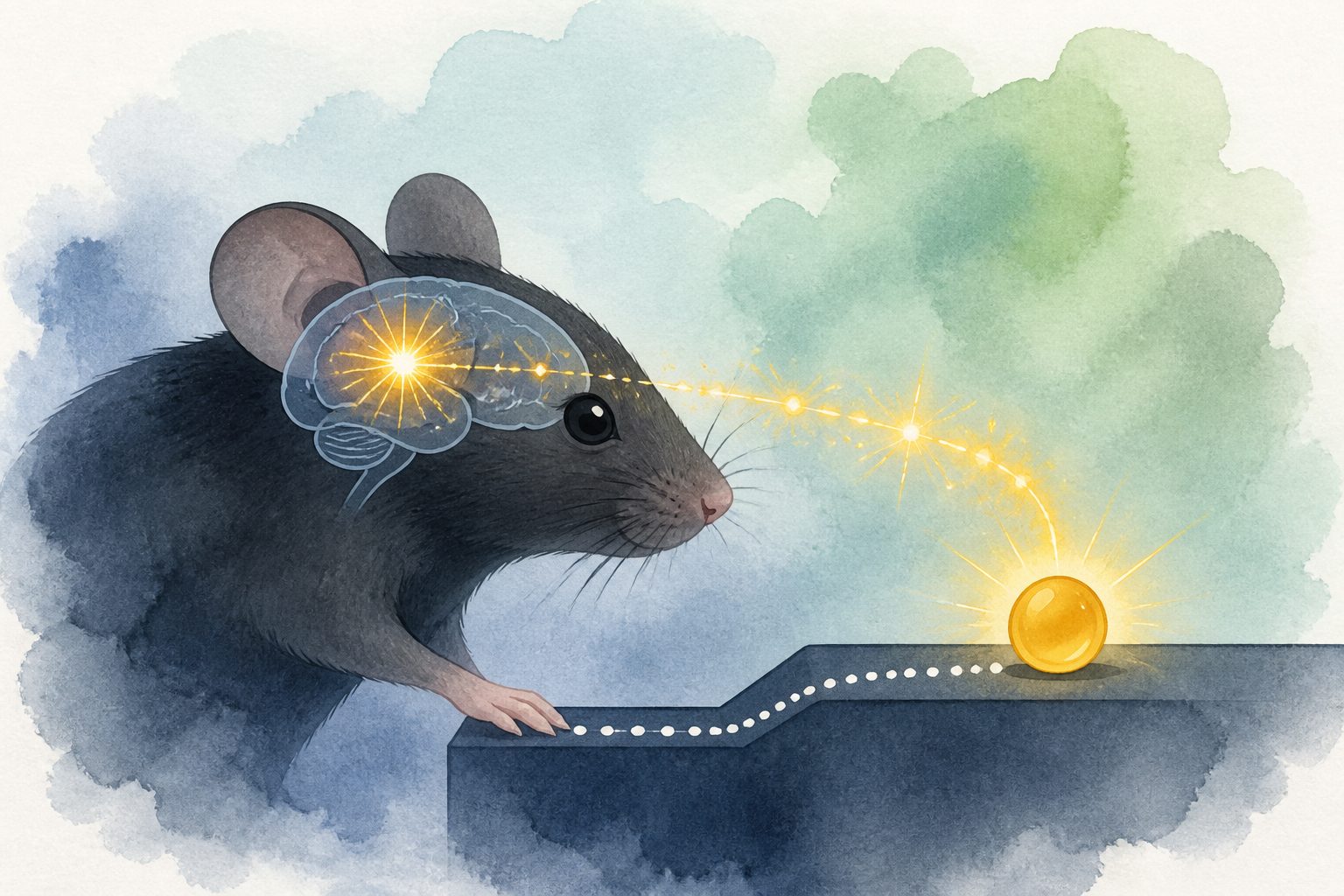 Abstract editorial illustration accompanying the article: Brief bursts in mice’s brains tracked rewards and helped drive learning