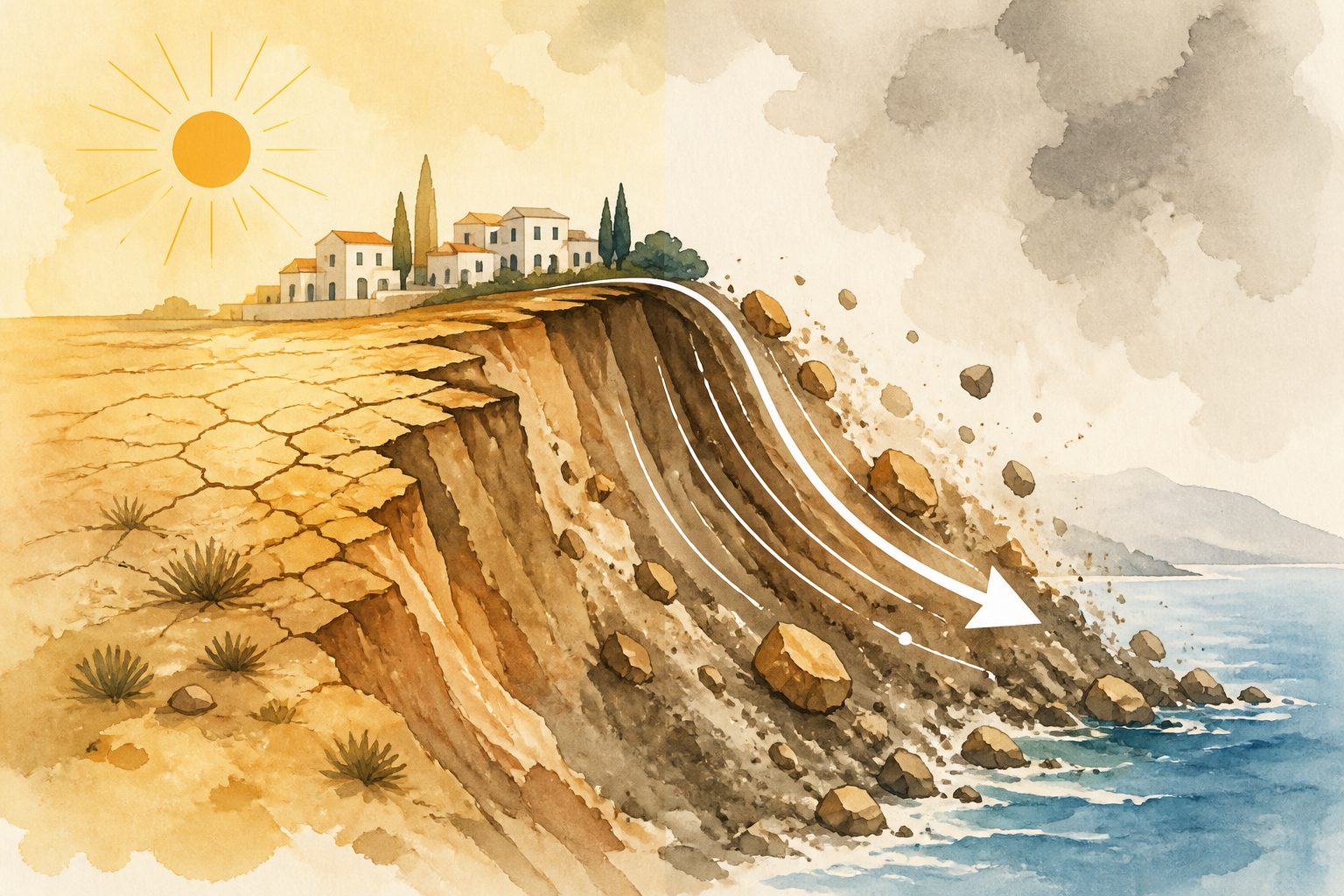 Abstract editorial illustration accompanying the article: Mediterranean landslides may rise even as the region gets drier