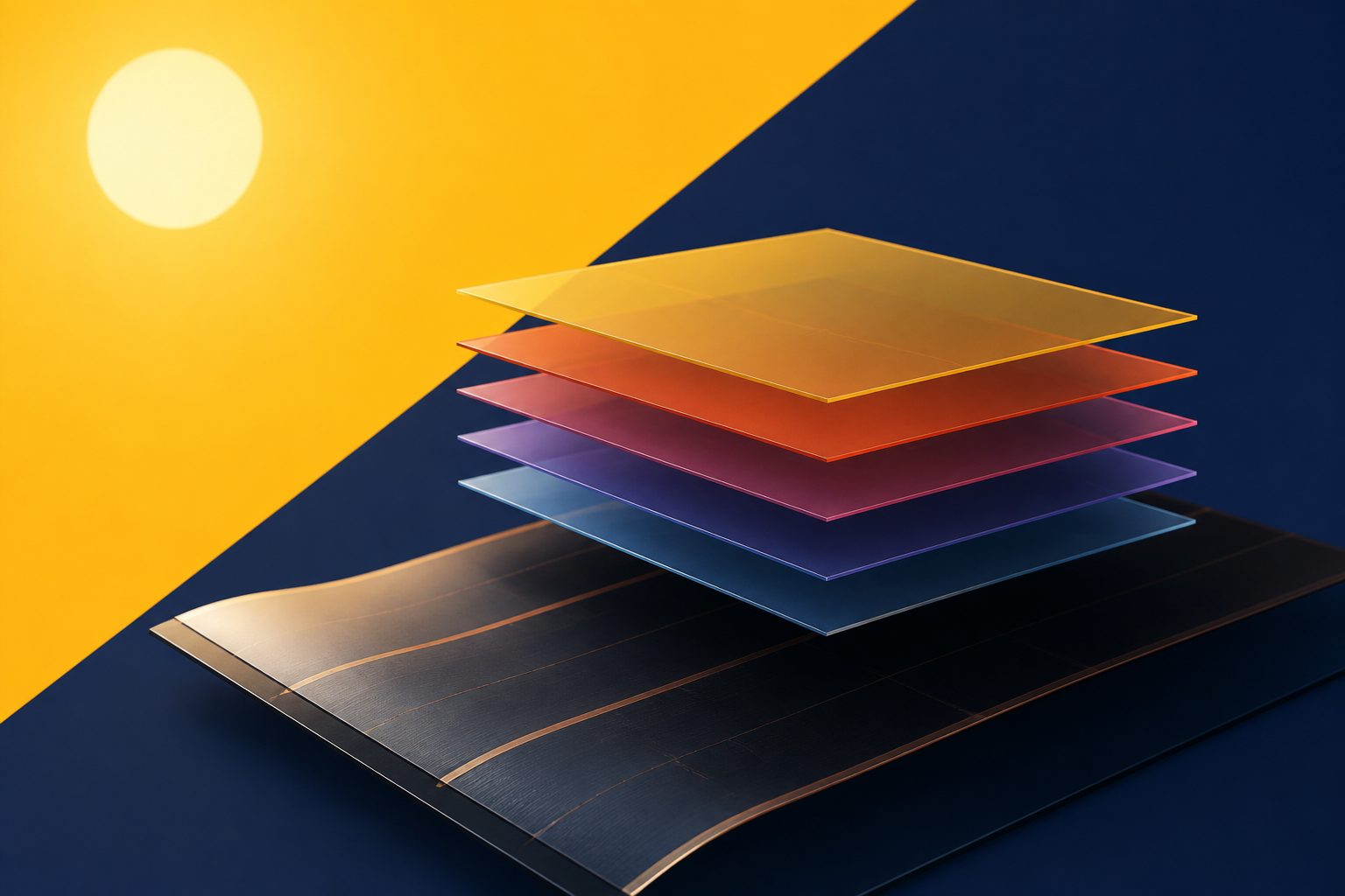 Abstract editorial illustration accompanying the article: Layered molecules raise efficiency of larger organic solar modules