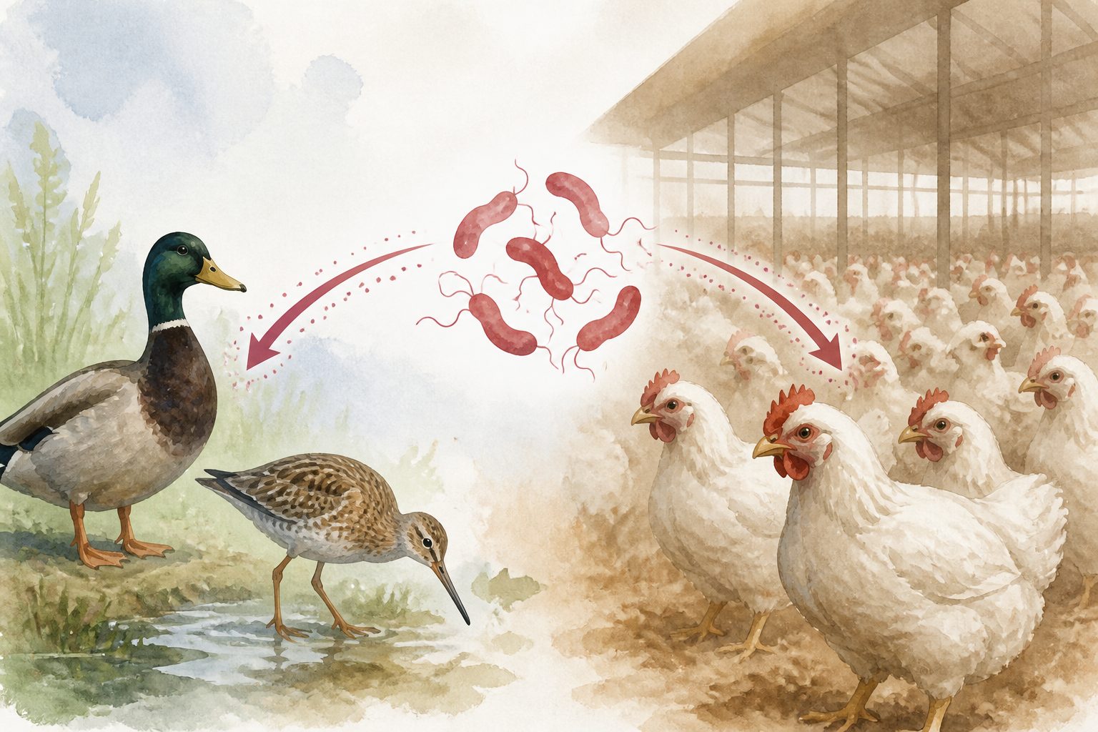 Abstract editorial illustration accompanying the article: Intensive poultry farming helps Campylobacter spread between bird species