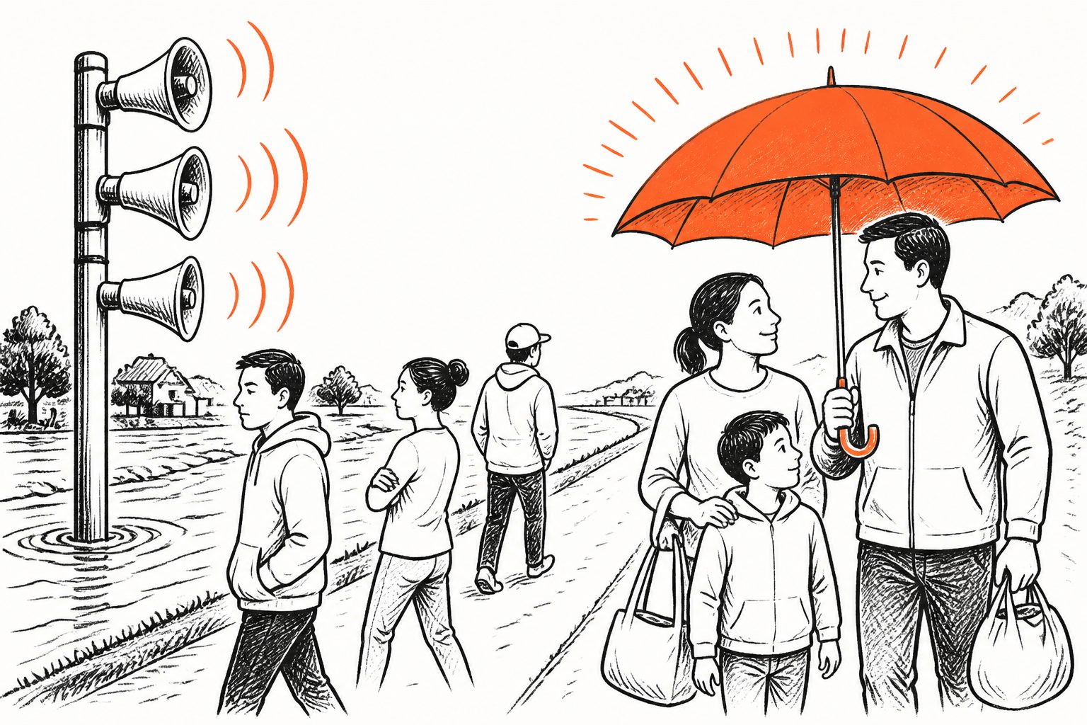 Abstract editorial illustration accompanying the article: Repeated false flood alarms were linked to less evacuation—but positive feelings softened the drop