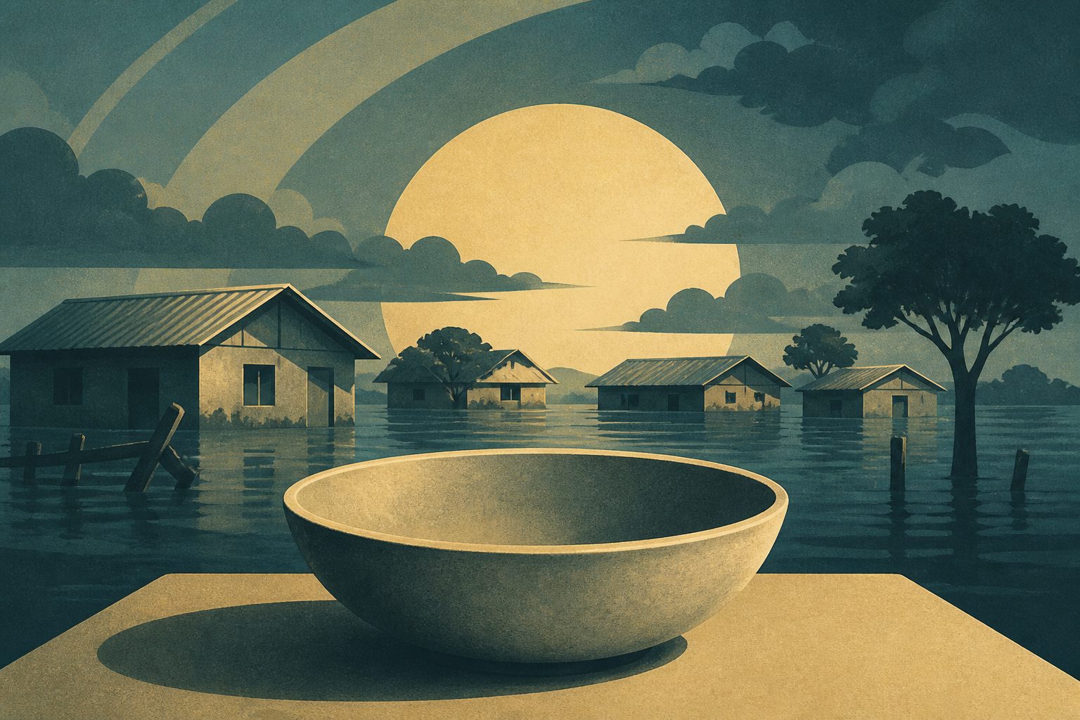 Abstract editorial illustration accompanying the article: Flooding left most surveyed households in a South African village food insecure