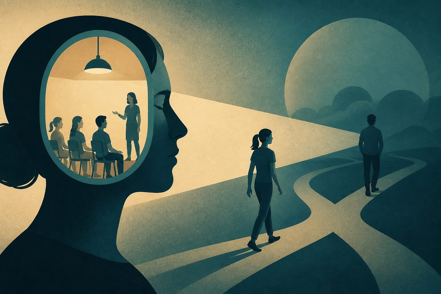Abstract editorial illustration accompanying the article: School programs improve consent knowledge, but behavior change is less clear