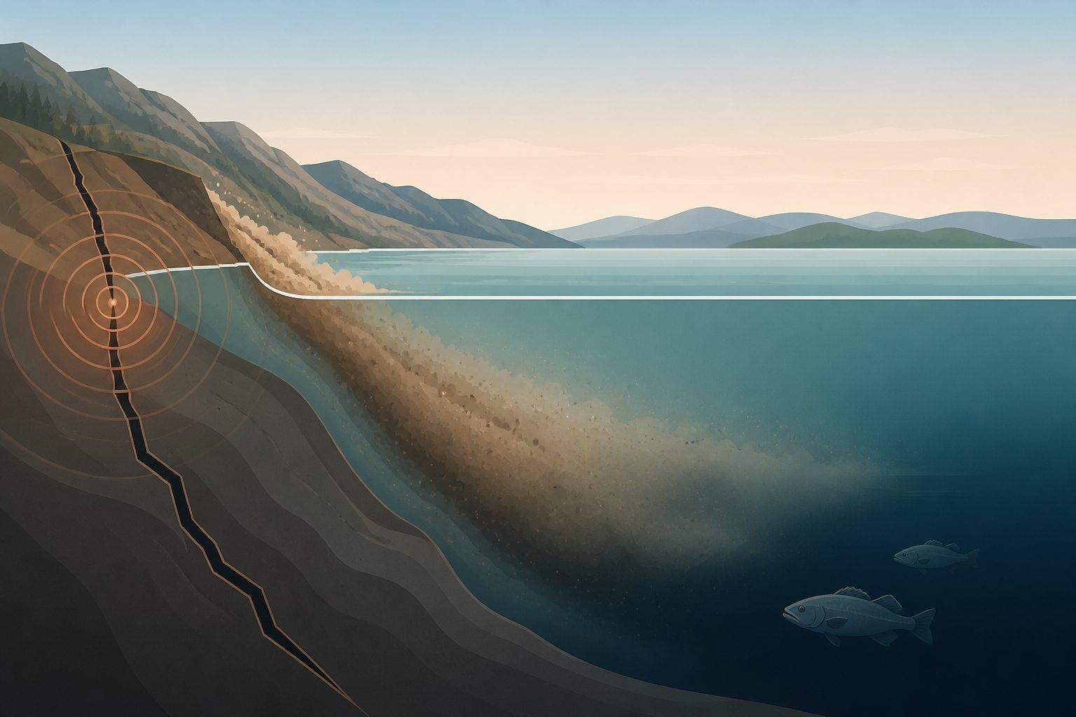 Abstract editorial illustration accompanying the article: Noto earthquake sent sediment into Toyama Bay, lowering deep-sea oxygen