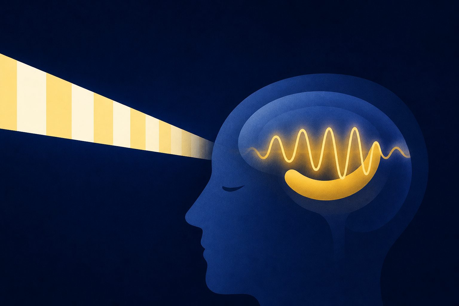 Abstract editorial illustration accompanying the article: Flickering light increased a memory-related brain rhythm in the hippocampus
