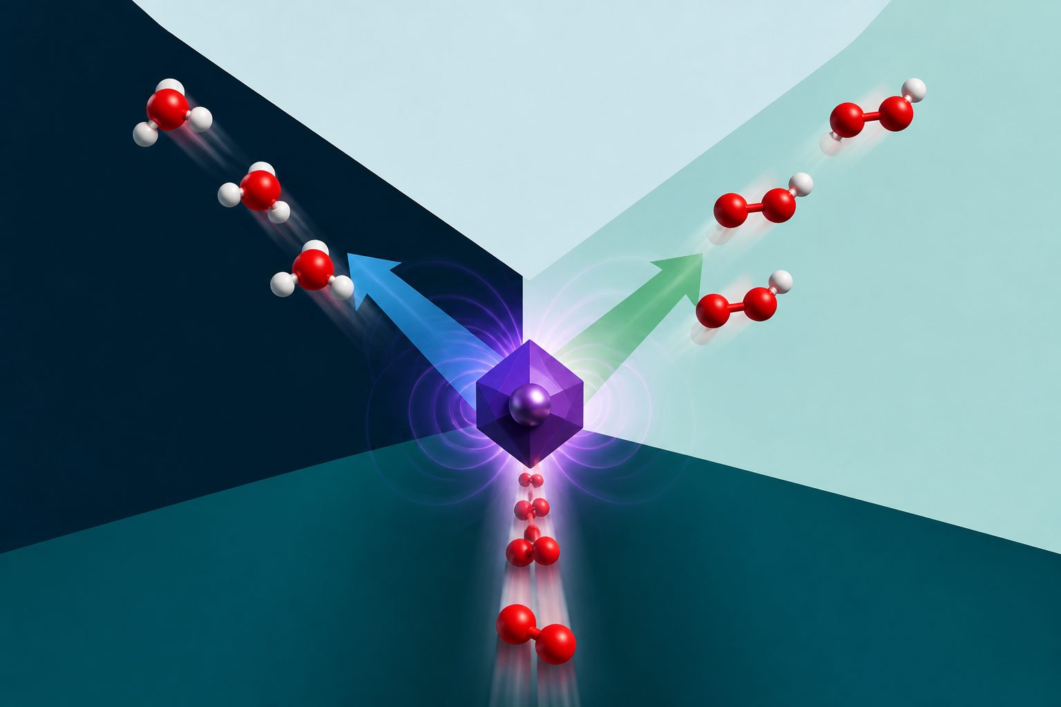 Abstract editorial illustration accompanying the article: A magnetic catalyst switches oxygen’s path to water or hydrogen peroxide