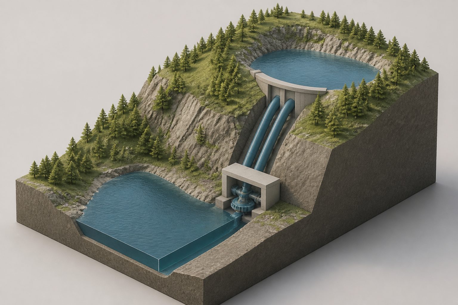 Abstract editorial illustration accompanying the article: Pumped-hydro storage cut modeled emissions by 81%