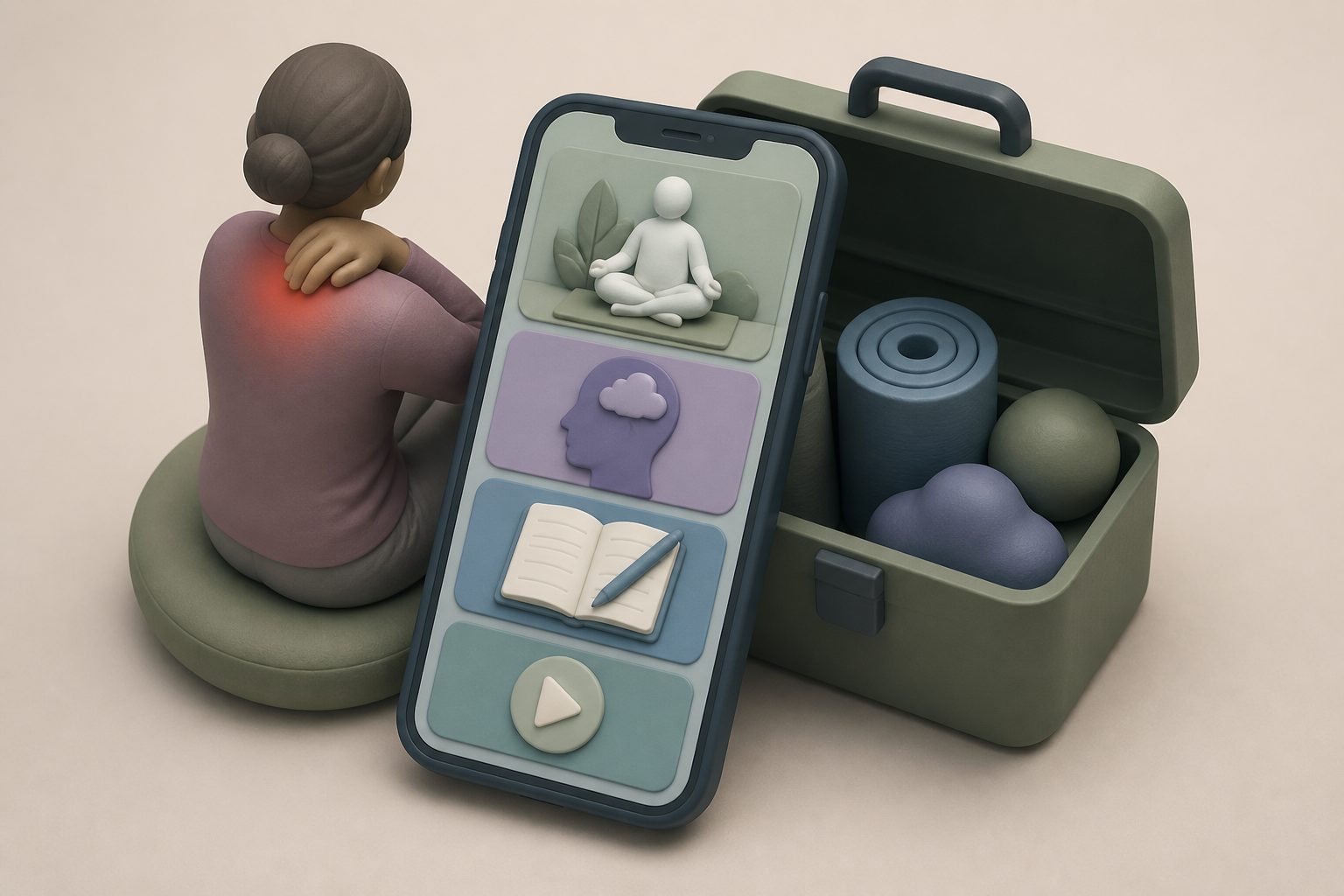 Abstract editorial illustration accompanying the article: Adults with chronic pain want mental-health apps with clear, practical benefits