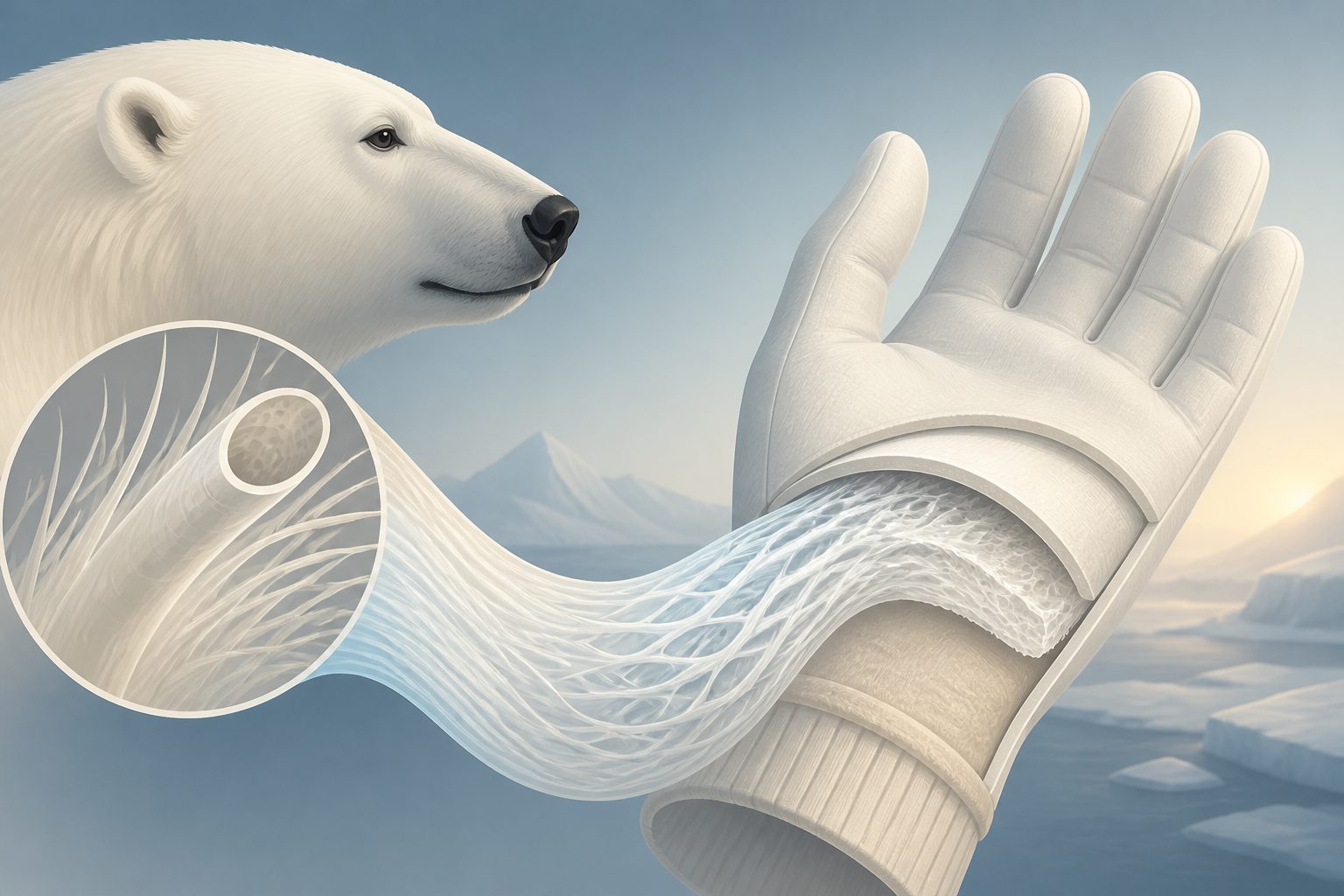 Abstract editorial illustration accompanying the article: Polar Bear Hair Inspires Silk-and-Cellulose Fibers for an Insulating Glove
