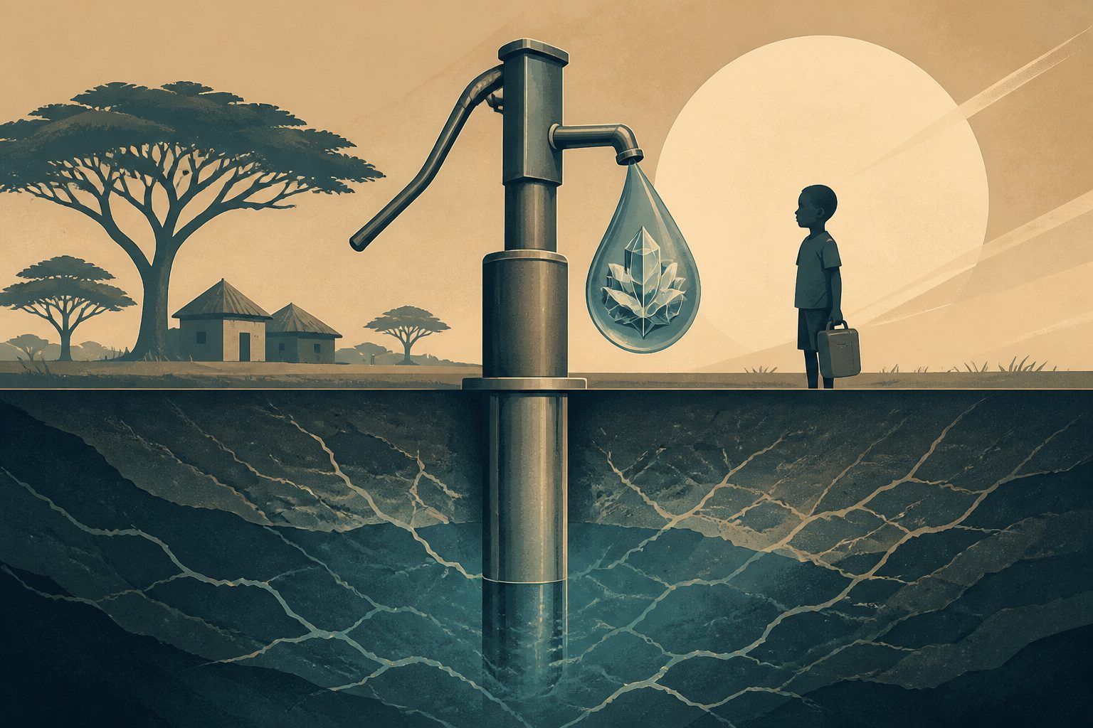 Abstract editorial illustration accompanying the article: Ghana boreholes showed a high dry-season fluoride risk for children
