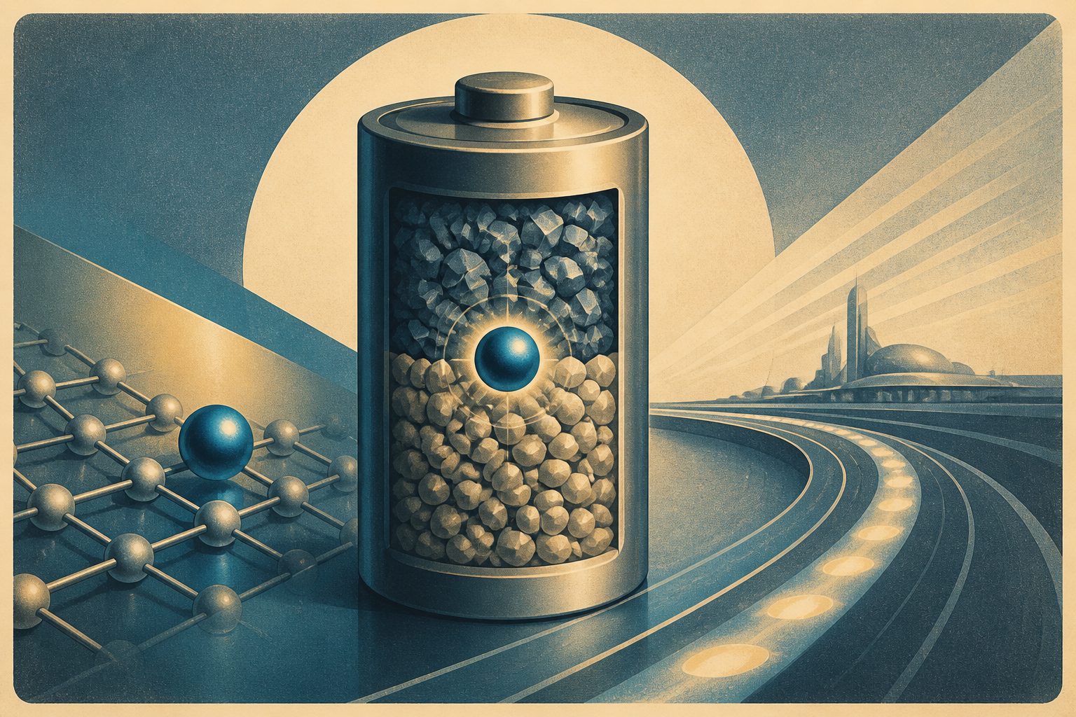 Abstract editorial illustration accompanying the article: Single cobalt atoms help zinc–manganese batteries last 15,000 cycles