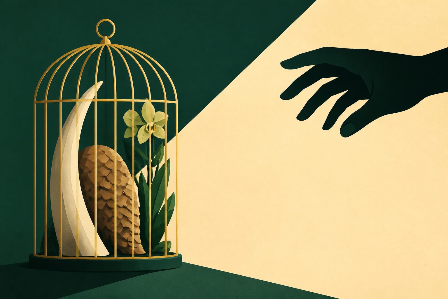 Abstract editorial illustration accompanying the article: Scarcity may make ivory, pangolin scales and rare plants more desirable