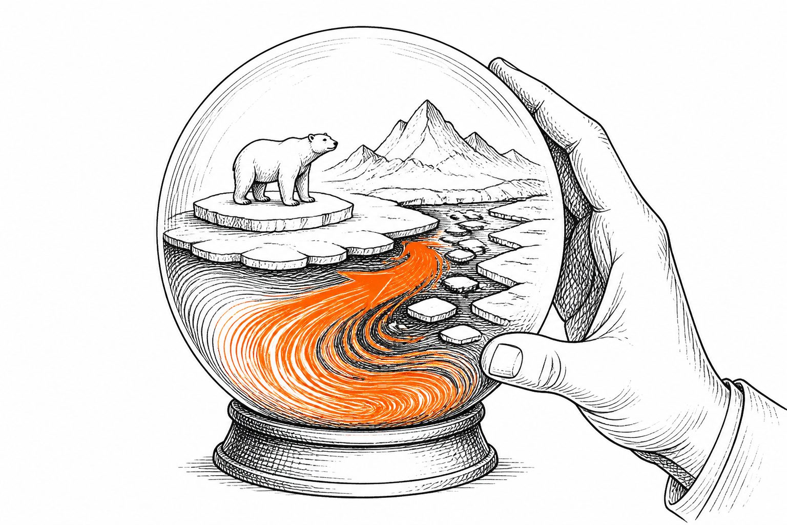 Abstract editorial illustration accompanying the article: Climate models point to Arctic ice loss and ocean shifts at lower warming