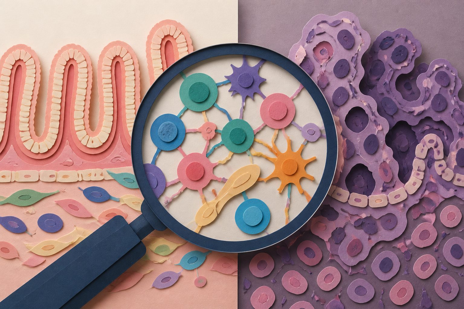 Abstract editorial illustration accompanying the article: A new tool maps cell interactions across healthy and cancerous mouse gut tissue