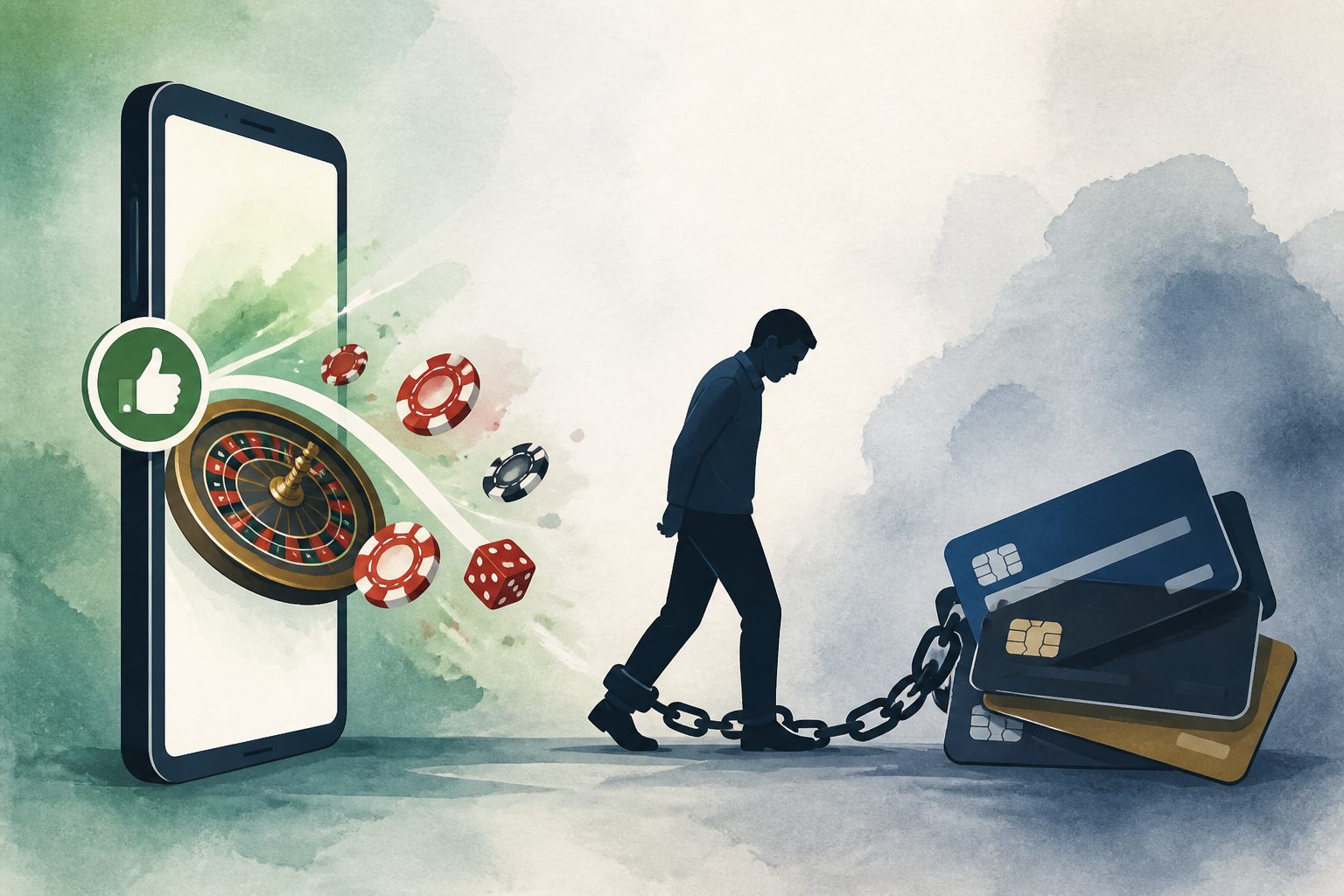 Abstract editorial illustration accompanying the article: Online gambling legalization was followed by higher credit-card debt