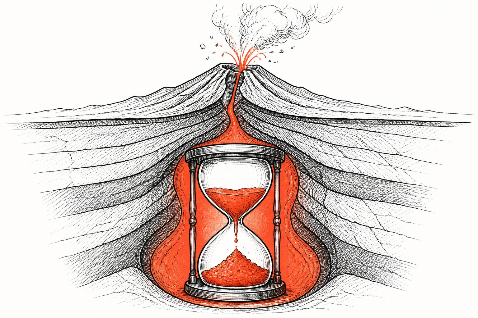 Abstract editorial illustration accompanying the article: Kīlauea’s explosive magma may have waited years without a final boost