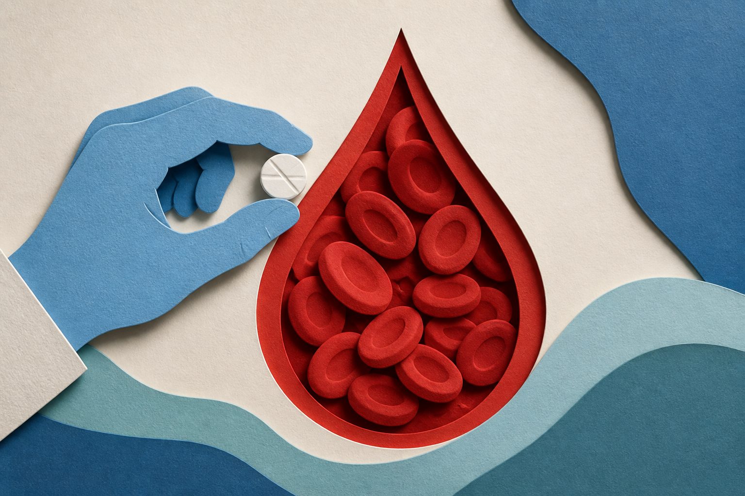 Abstract editorial illustration accompanying the article: Review links diabetes drugs to higher blood counts