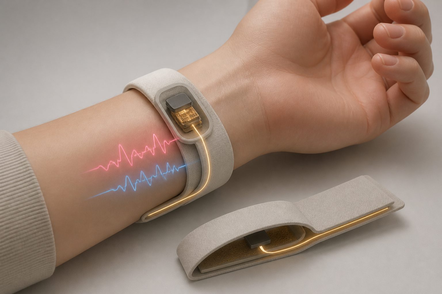 Abstract editorial illustration accompanying the article: One wearable records heart signals and artery pulses through one pathway