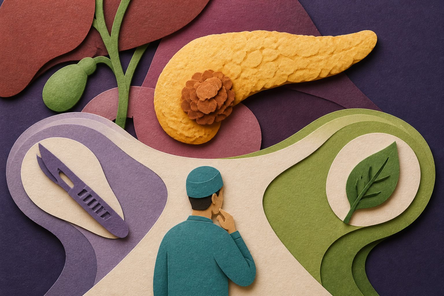 Abstract editorial illustration accompanying the article: Review examines how biology may refine pancreatic cancer surgery decisions