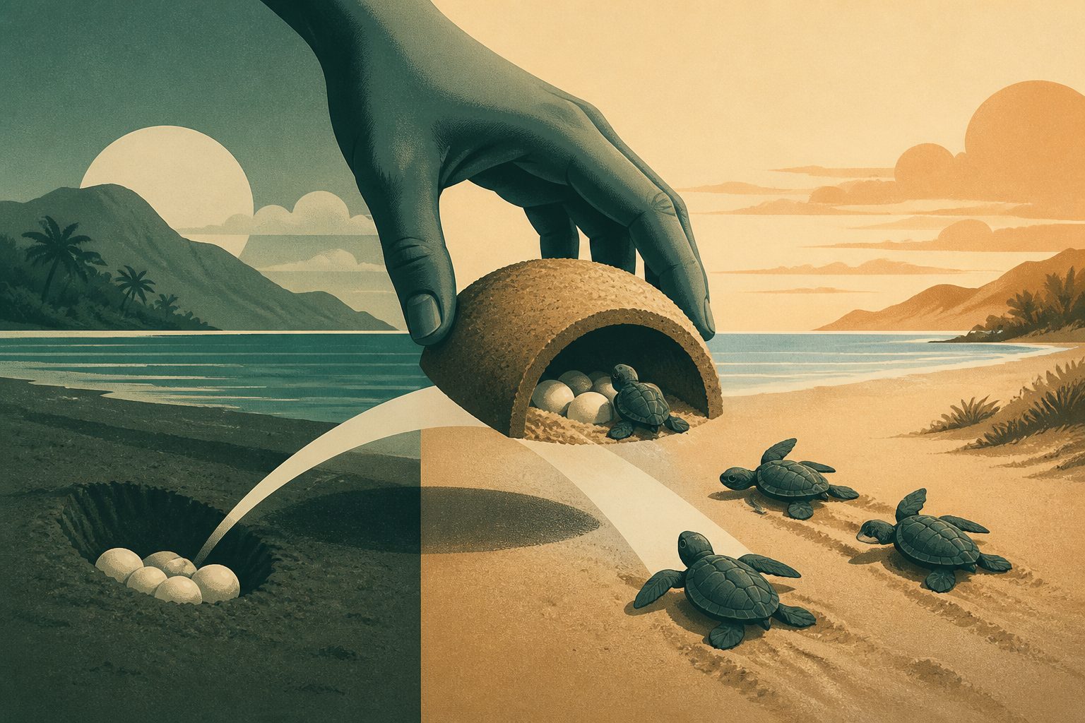 Abstract editorial illustration accompanying the article: Moving green turtle nests changed hatchlings in more ways than temperature