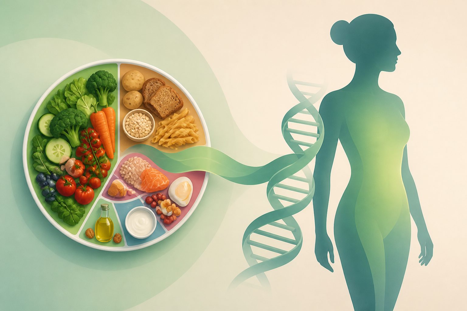 Abstract editorial illustration accompanying the article: Study links closer adherence to the Eatwell Guide with lower body-fat markers